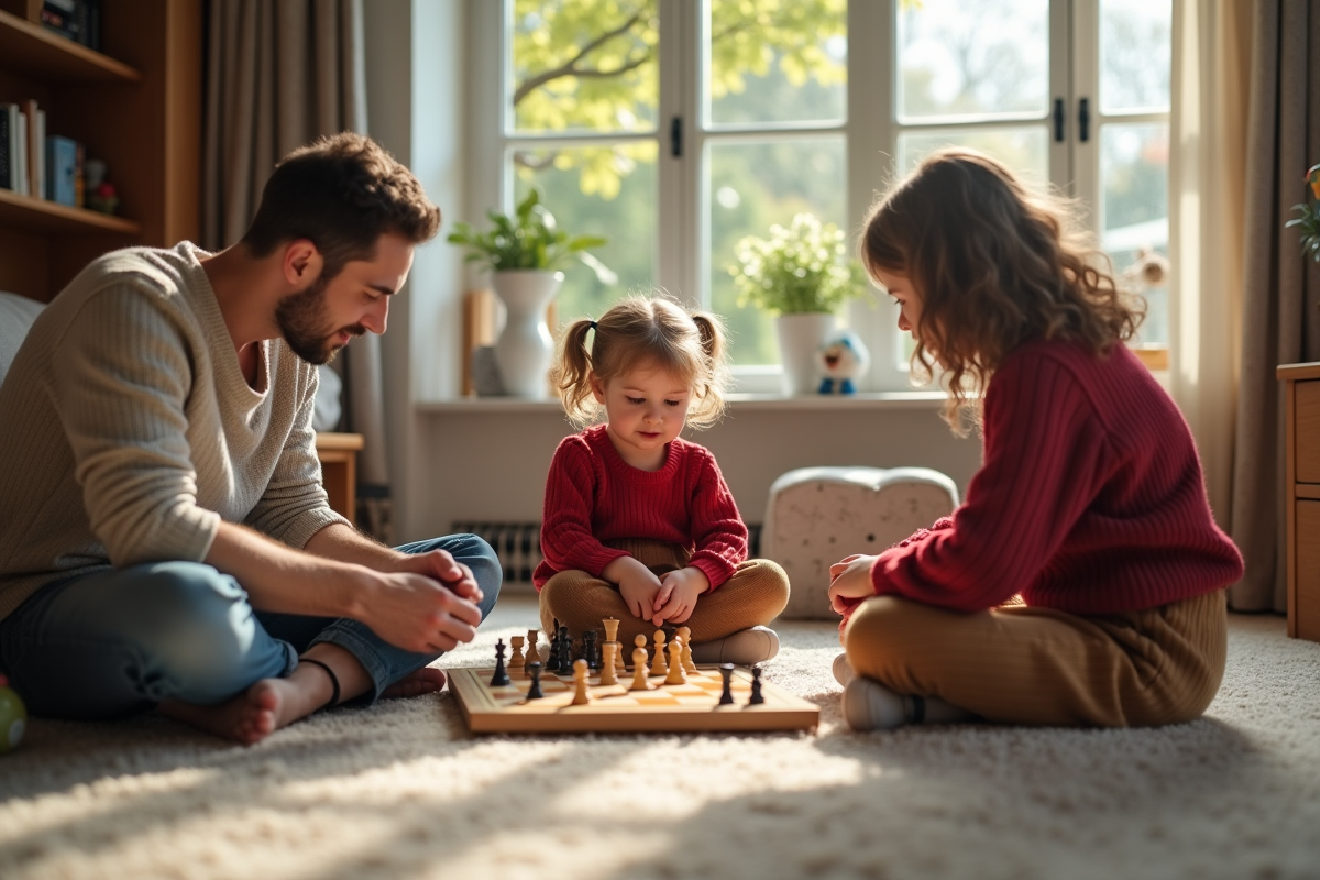Petite fille de 5 ans joue à un jeu avec son père et sœur