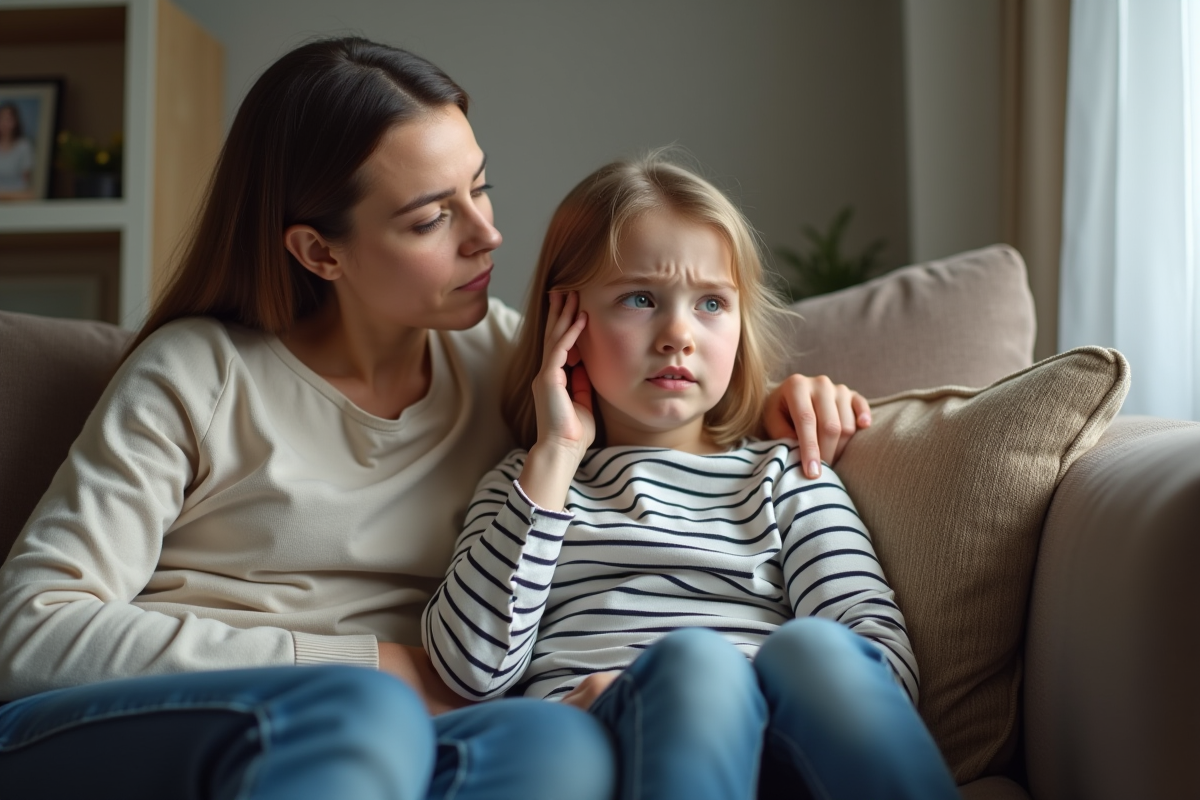 Fille de 6 ans touchant sa joue avec sa mère dans le salon