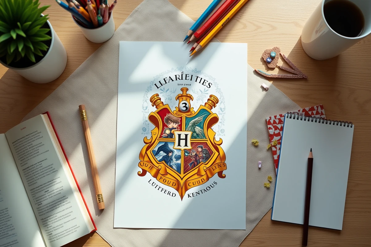 Vue aérienne d'une affiche Harry Potter en français imprimée en haute qualité entourée de fournitures créatives sur une table en bois