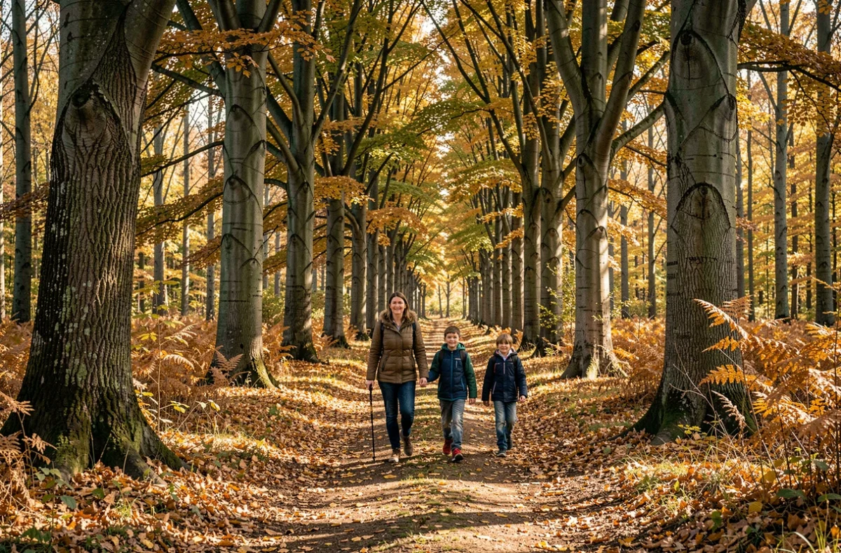 Famille en randonnée sur un sentier forestier dans la Forêt de Compiègne dans l'Oise