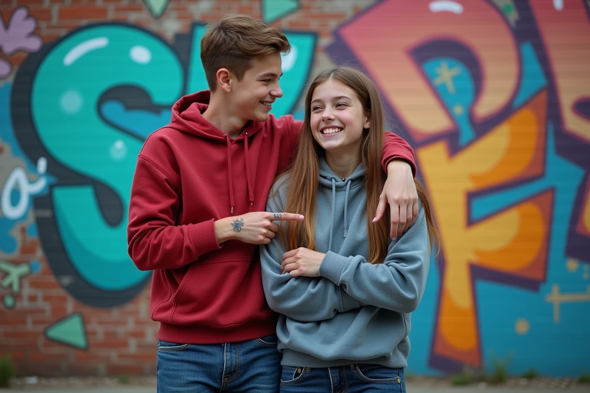 Adolescent frère et sœur devant un mur de street art coloré en ville
