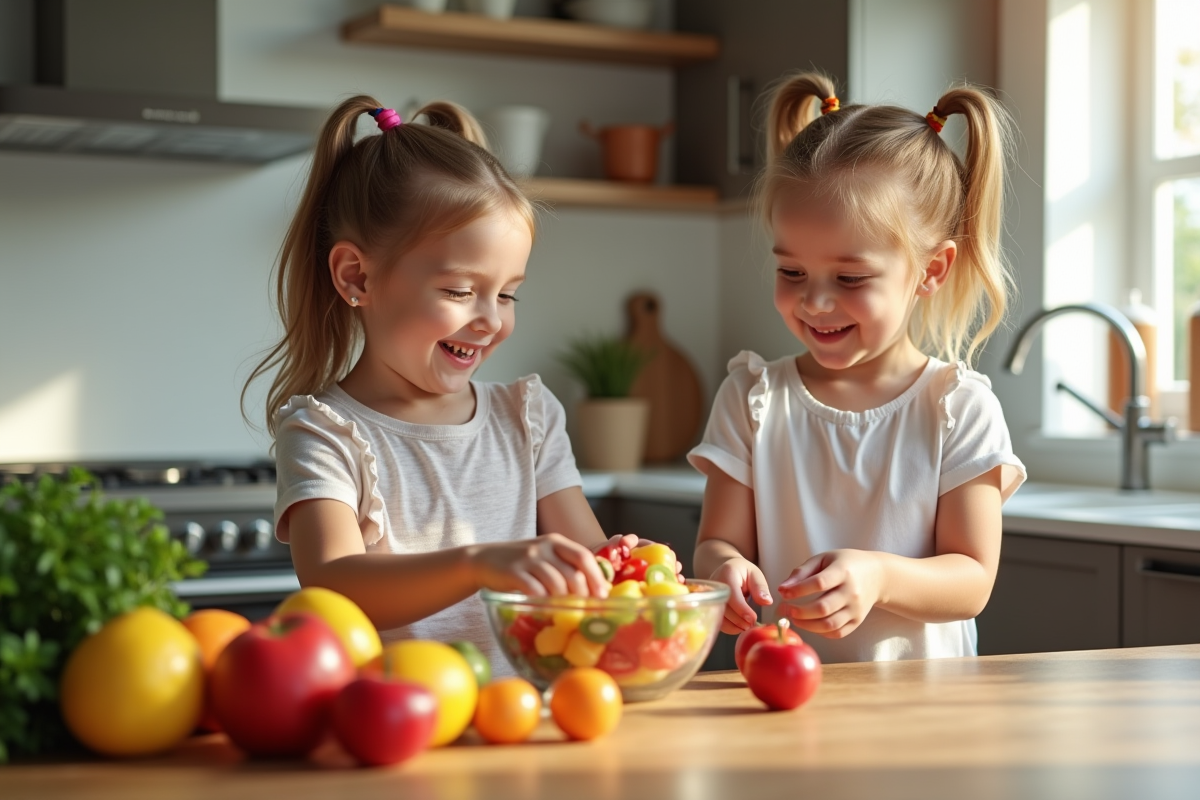Deux jeunes frères et sœurs préparant une salade de fruits en cuisine