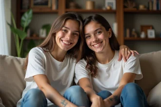 Jeune frère et sœur souriants avec tatouages sur le bras dans un salon chaleureux