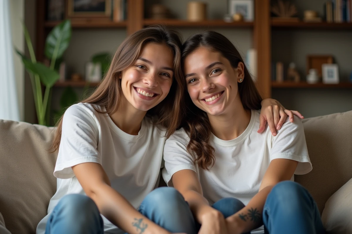 Jeune frère et sœur souriants avec tatouages sur le bras dans un salon chaleureux