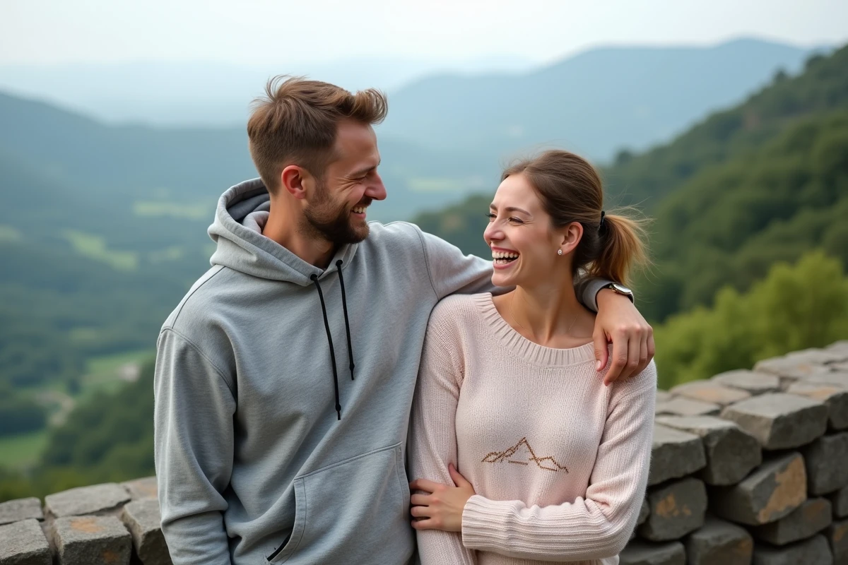 Frères et sœurs riant avec tatouages de montagnes en plein air