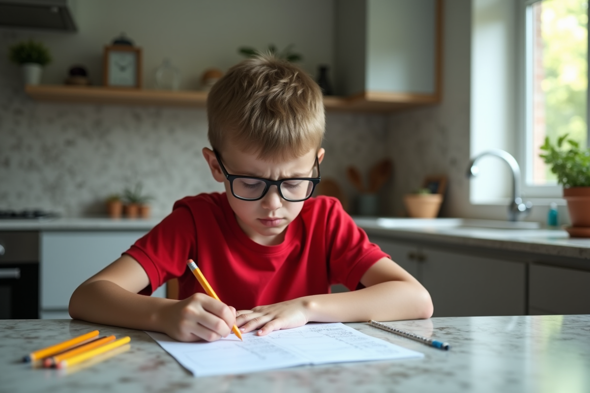 Jeune garçon de 13 ans en classe de maths à la cuisine