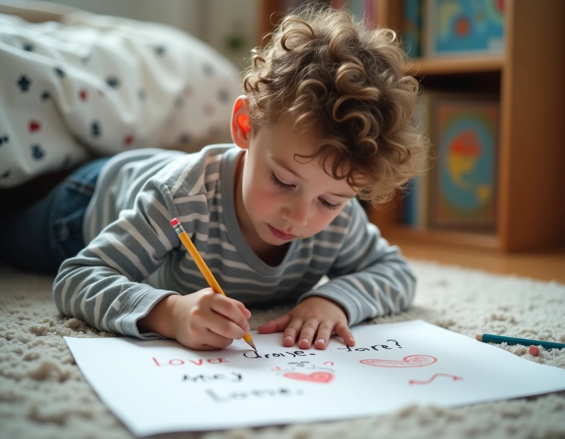 Garçon agenouillé sur le sol de sa chambre en train de décorer une phrase touchante pour sa maman avec des crayons de couleur
