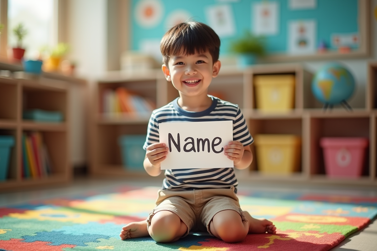 Garçon montrant fièrement son nom dans une classe colorée