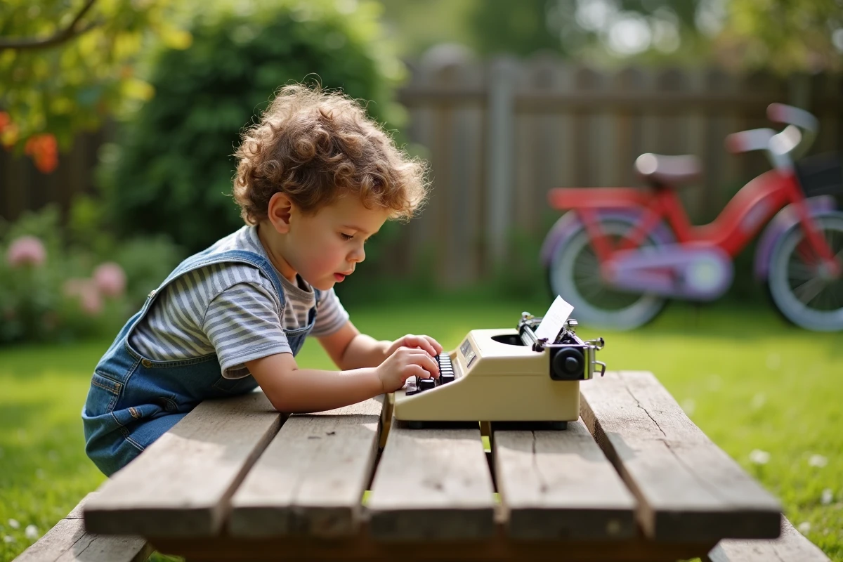 Garçon de 10 ans avec machine à écrire vintage dans le jardin