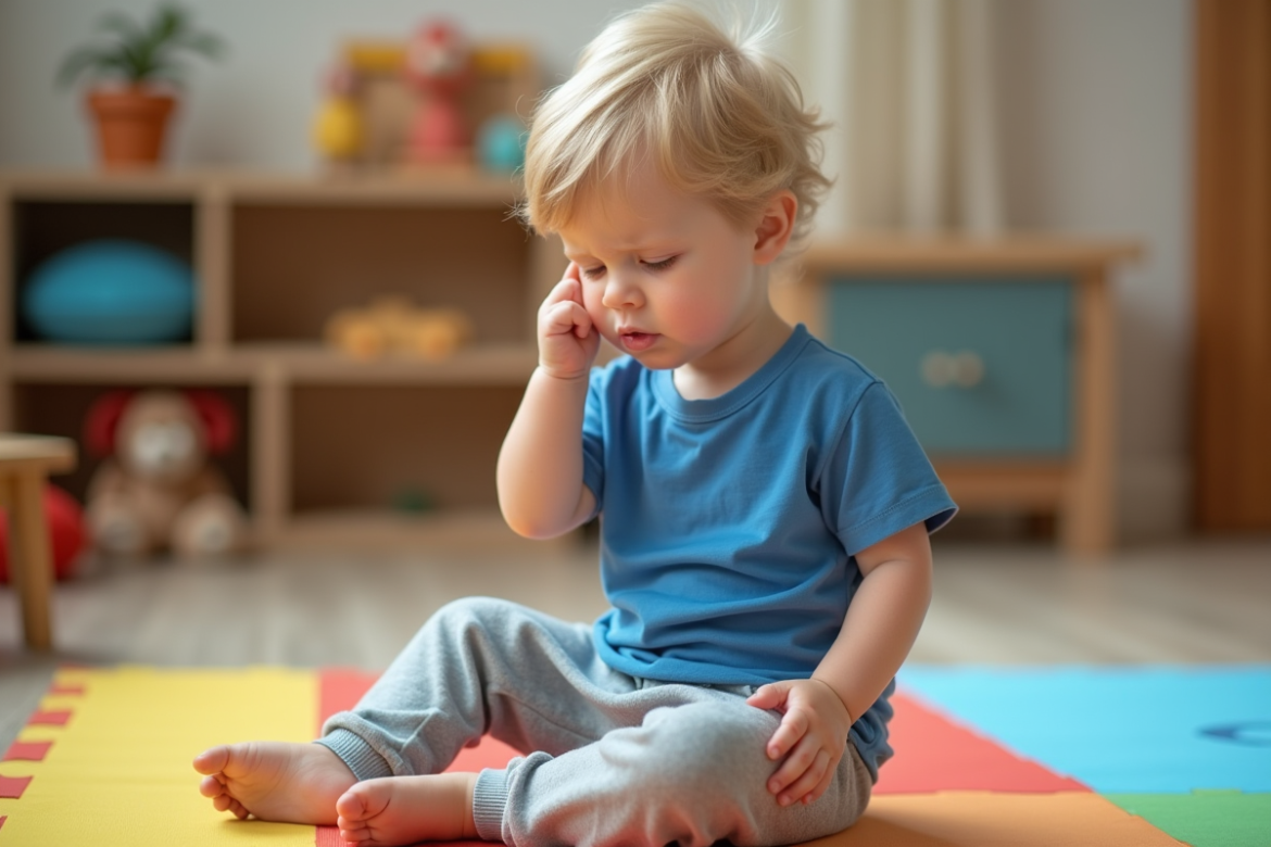 Garçon de 4 ans assis sur un tapis coloré en intérieur
