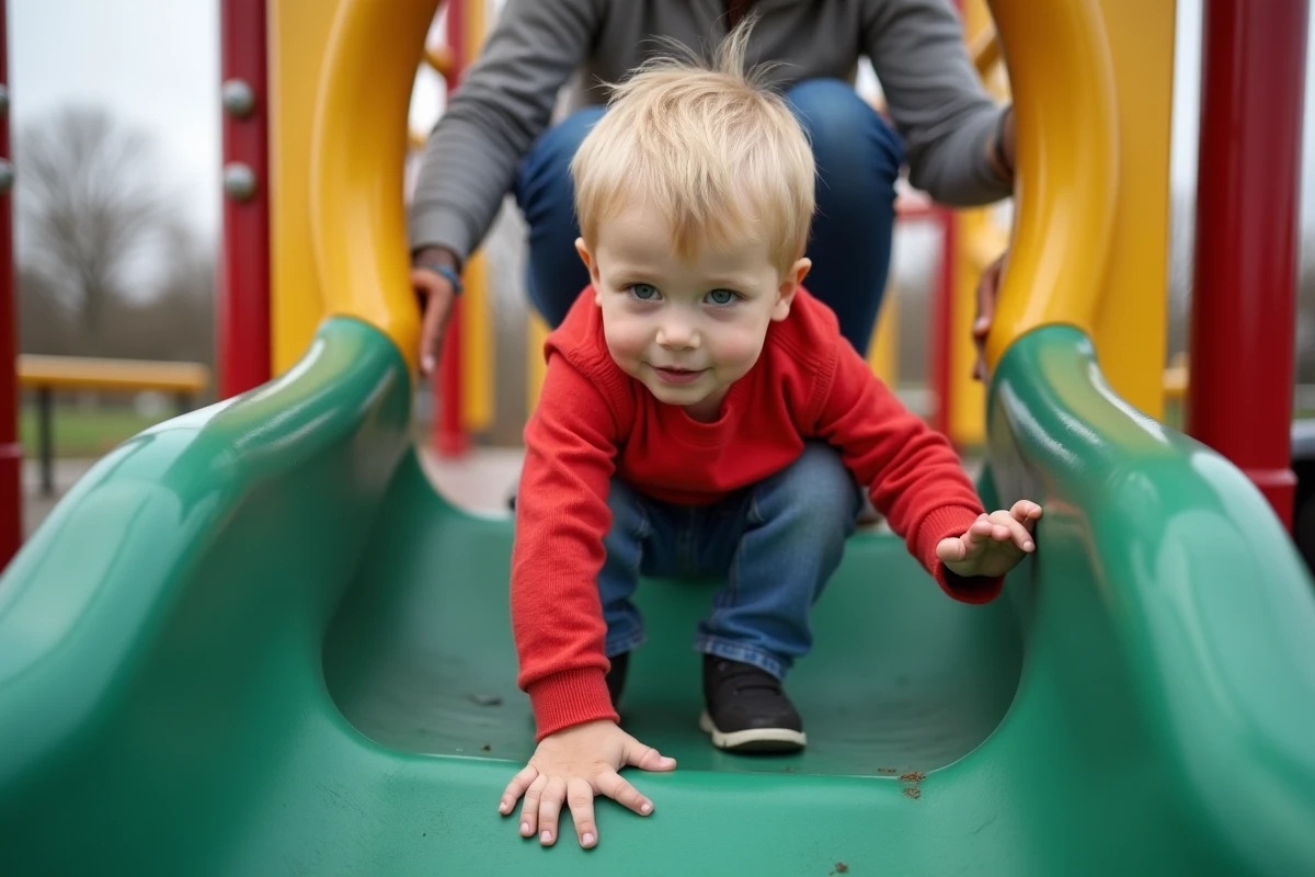 Garçon de trois ans grimpe sur une structure de jeu extérieure en parc