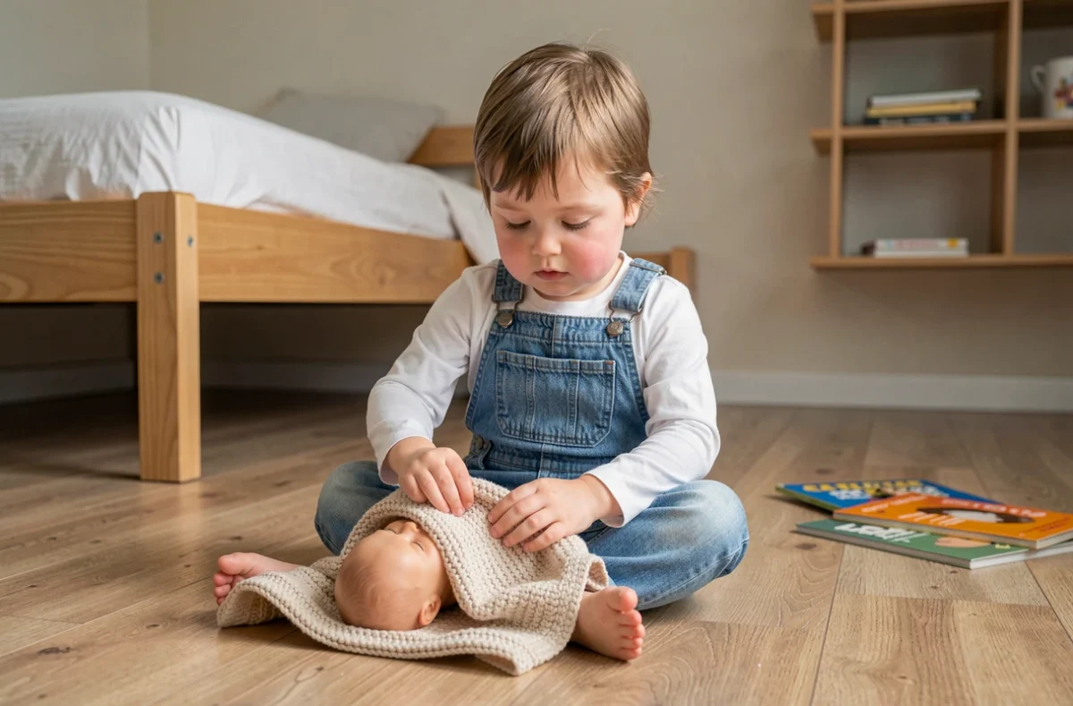 Petit garçon concentré qui borde une poupée bébé sous une couverture tricotée sur le plancher de sa chambre, démontrant l'éveil de l'empathie par le jeu