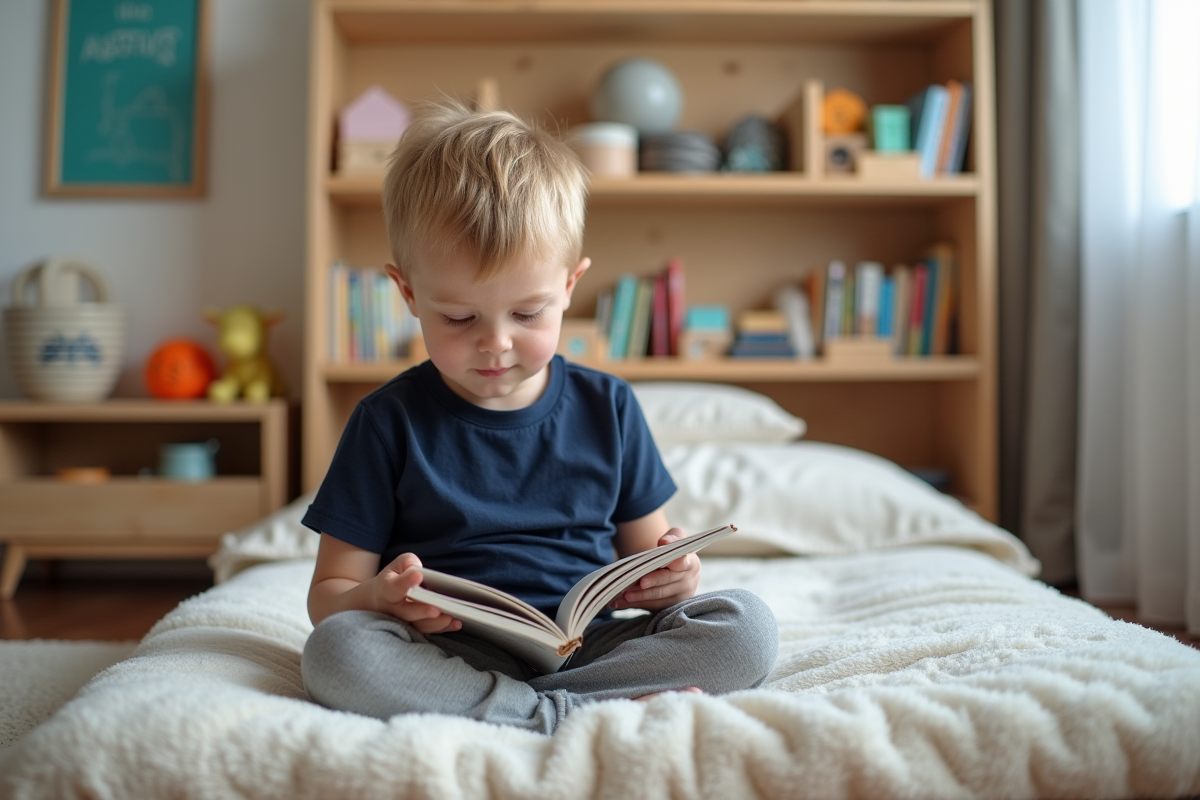 Garçon de quatre ans lisant un livre dans son lit Montessori