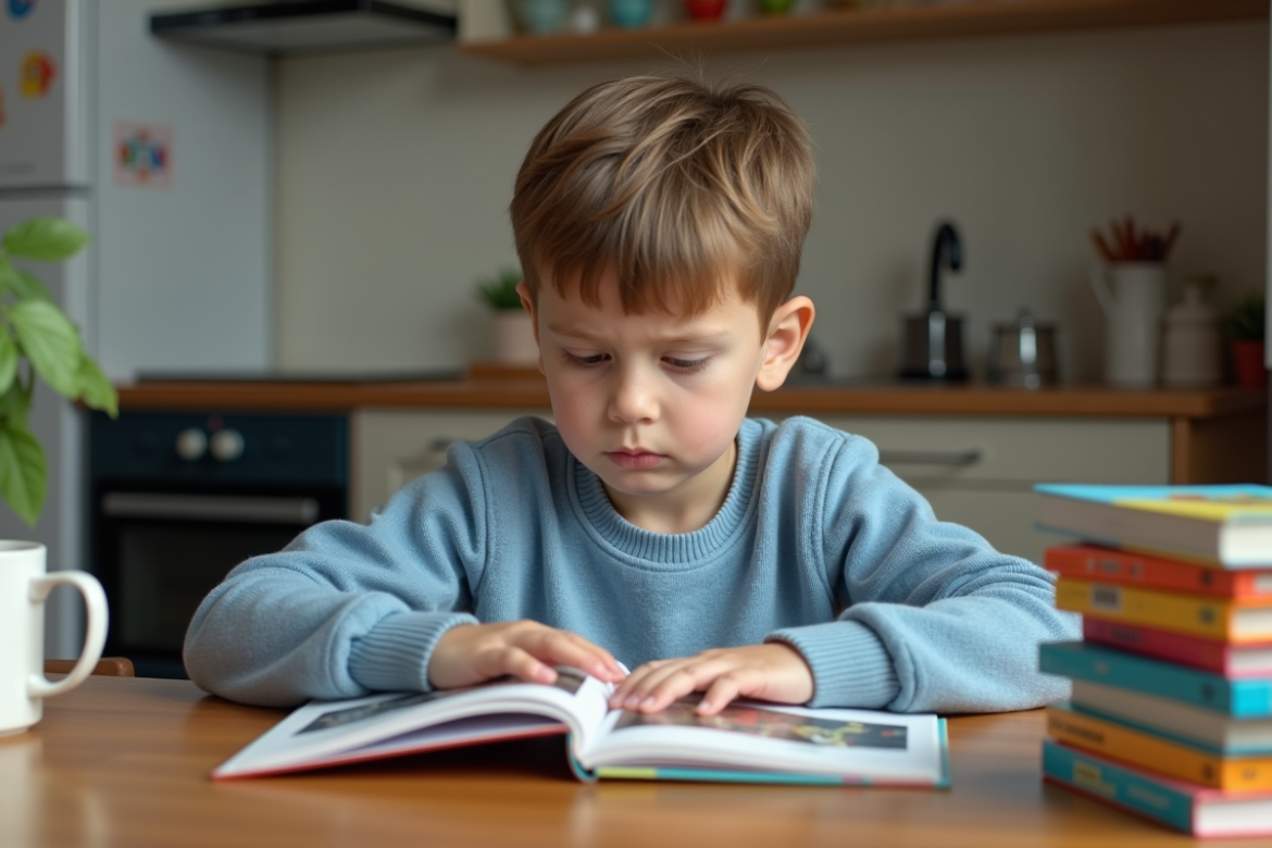 Jeune garçon hésitant devant un livre dans la cuisine