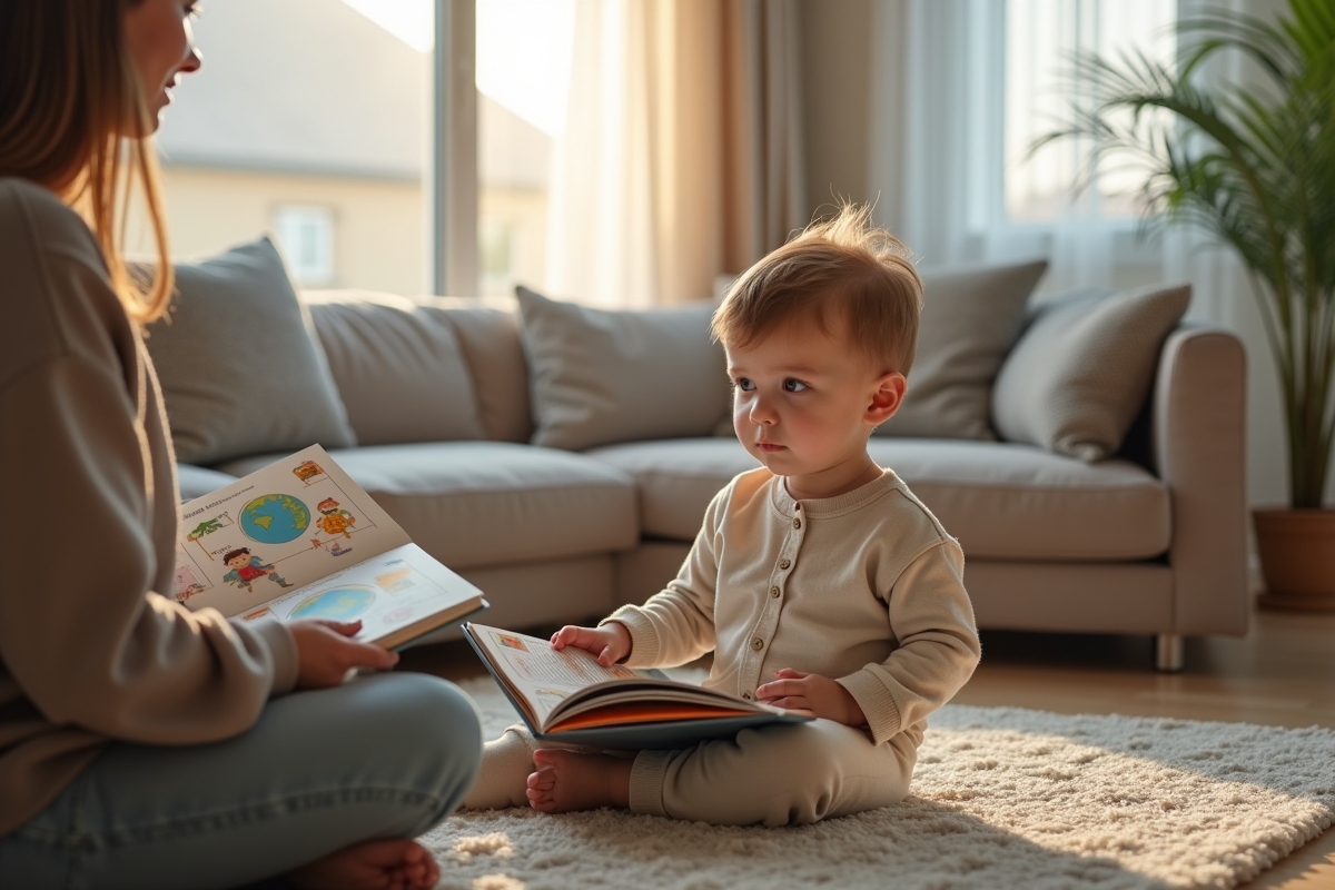 Garcon regarde un livre dans un salon moderne avec sa maman