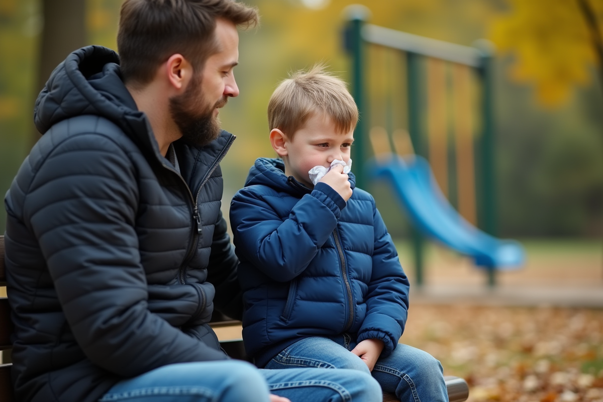 Garcon de 7 ans avec mal de gorge sur un banc de parc