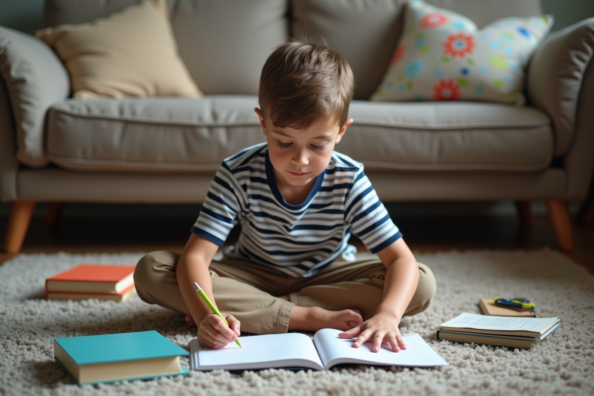 Garçon de 11 ans utilisant des stylos pour organiser ses notes