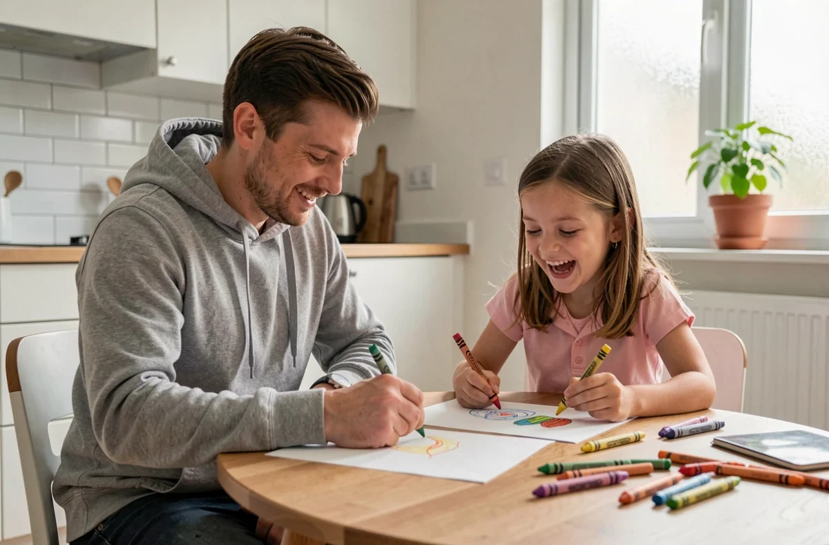 Garde d'enfant masculin aidant une petite fille à dessiner autour d'une table de cuisine moderne