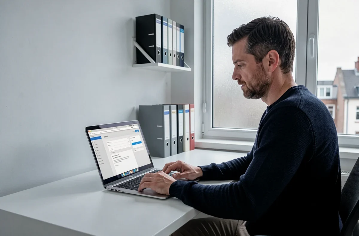 Parent employeur gérant ses contrats assistante maternelle en ligne depuis un bureau à domicile organisé