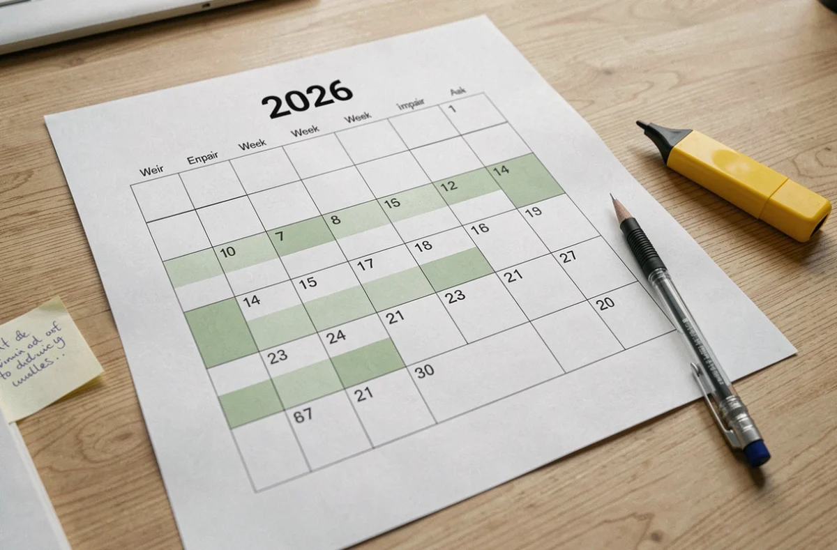 Gros plan d'un calendrier 2026 semaine pair impair format A4 posé sur un bureau en bois clair avec des fournitures de bureau