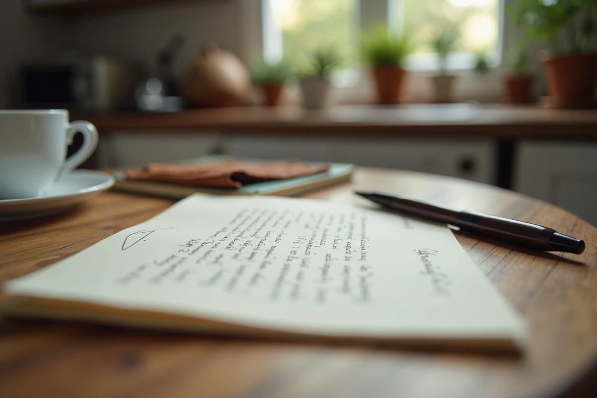 Gros plan d'une lettre manuscrite posée sur une table de cuisine avec une tasse de café froide et des mains floues en arrière-plan