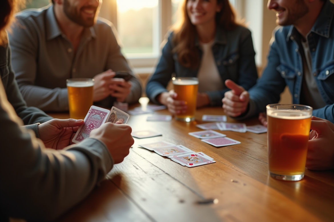 Groupe d'amis jouant aux cartes autour d'une table en journée