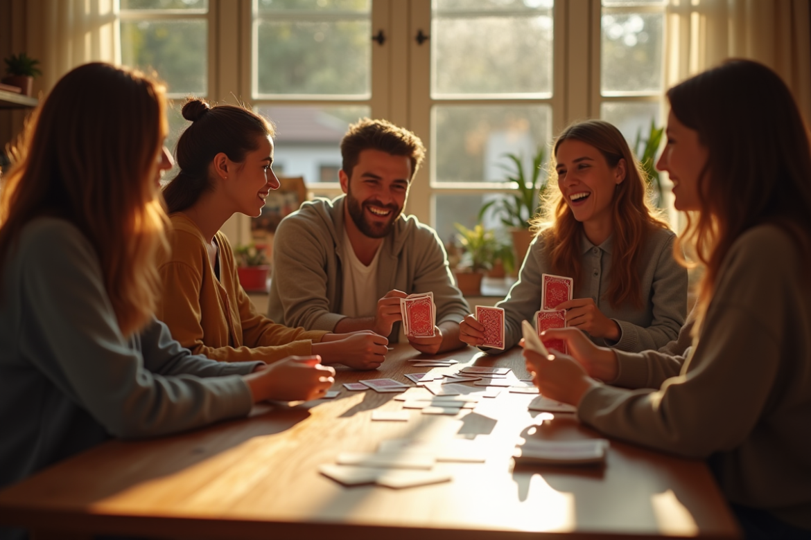 Groupe d'amis jouant à des jeux de société autour d'une table