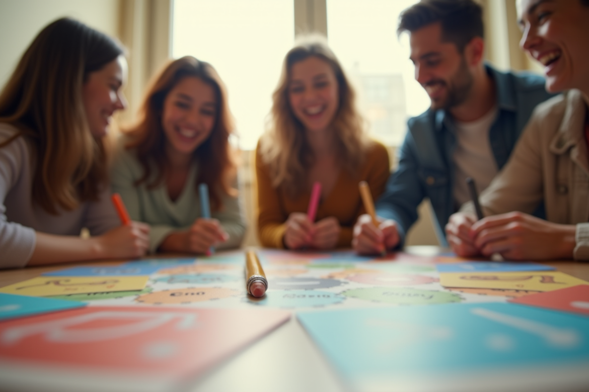 Groupe d'amis jouant à un jeu de société en plein jour