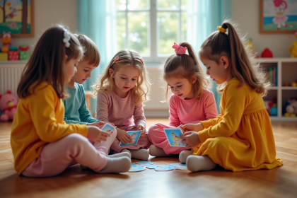 Groupe d'enfants jouant avec cartes de Cendrillon