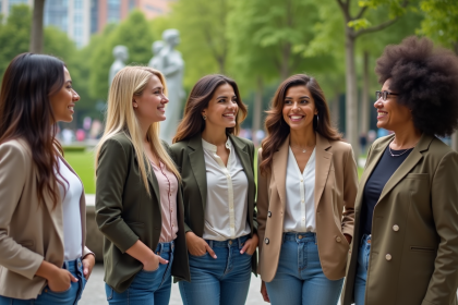 Groupe de femmes diverses dans un parc urbain en conversation