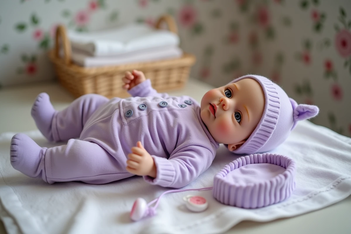 Poupée reborn fille habillée avec soin dans une tenue en velours lavande avec accessoires miniatures disposés autour d'elle