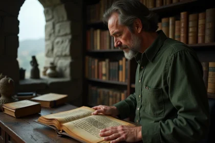 Historien étudiant un manuscrit celtique ancien portant le prénom Arthur dans une bibliothèque en pierre