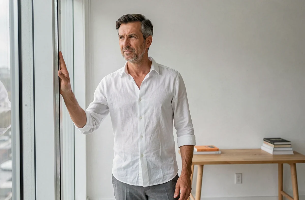 Homme adulte debout près d'une fenêtre dans un appartement minimaliste, symbolisant la reconstruction de soi après un rejet familial