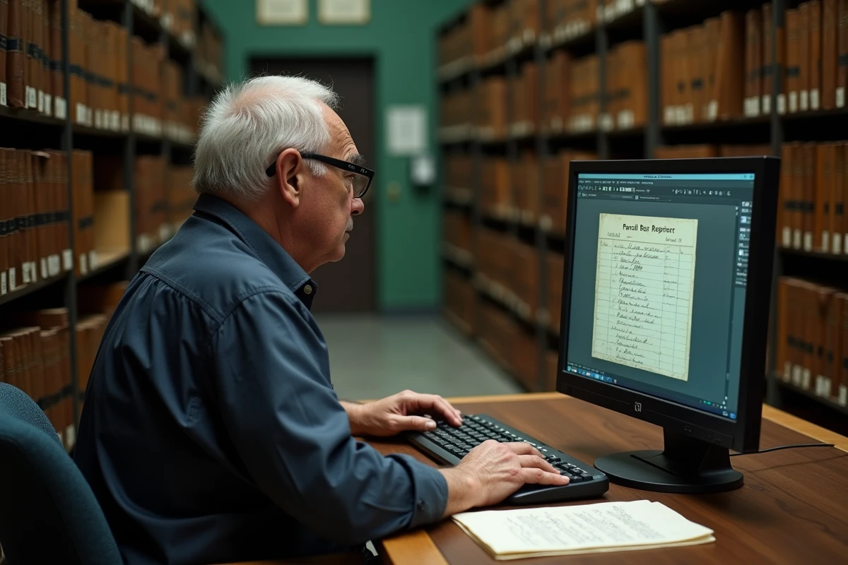 Homme consultant des archives numérisées dans une salle de recherche généalogique pour retracer l'histoire de sa famille