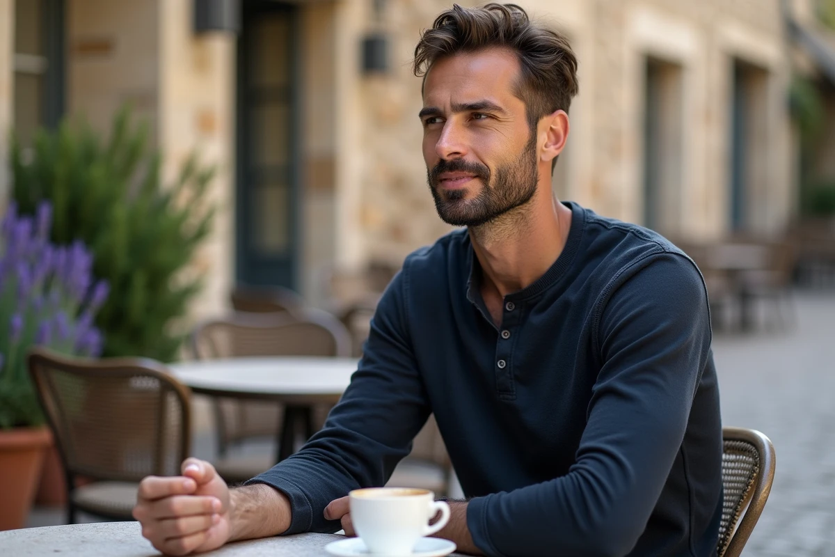 Homme pensif attablé dans un café de village français, tenant un expresso, ambiance lifestyle détendue