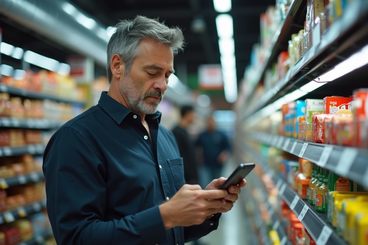 Homme comparant une promotion Family Deals sur smartphone avec une étiquette de prix en magasin pour détecter les fausses promos