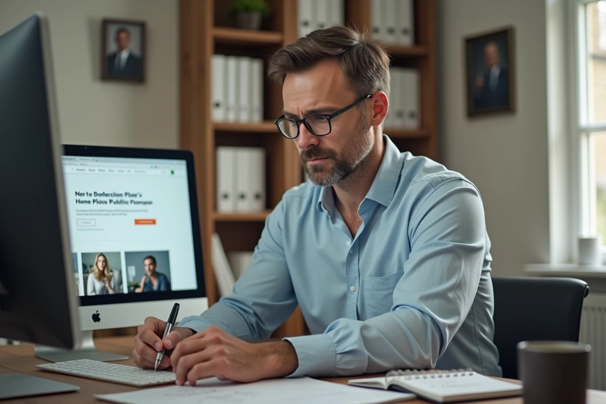 Homme prenant des notes face à un site de divorce en ligne dans un bureau à domicile