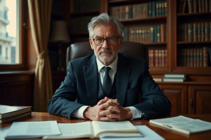 Portrait d'un homme influent assis à un bureau chargé de documents, expression fermée et méditative, dans un bureau parisien avec bibliothèque juridique