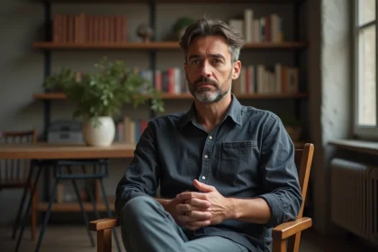 Portrait d'un homme en interview dans un studio parisien minimaliste, ambiance éditoriale réfléchie