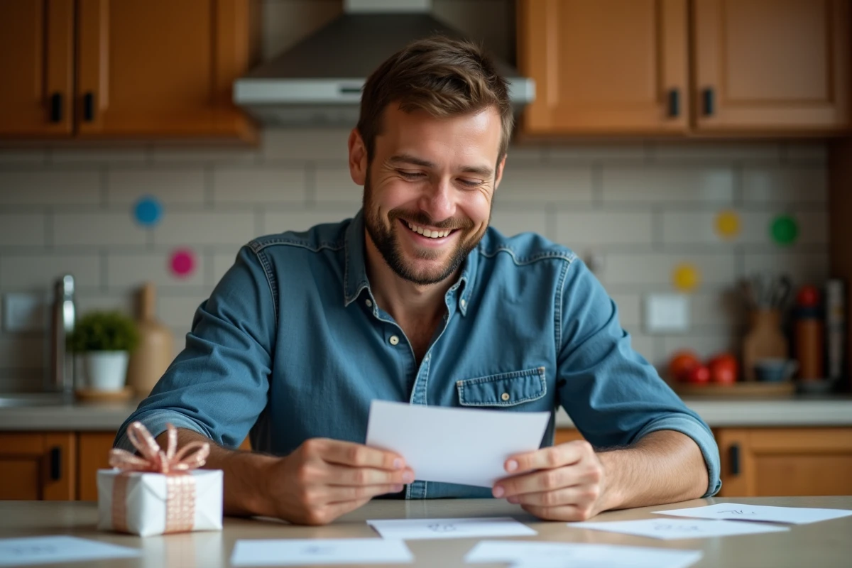 Homme souriant avec cartes d'anniversaire dans la cuisine