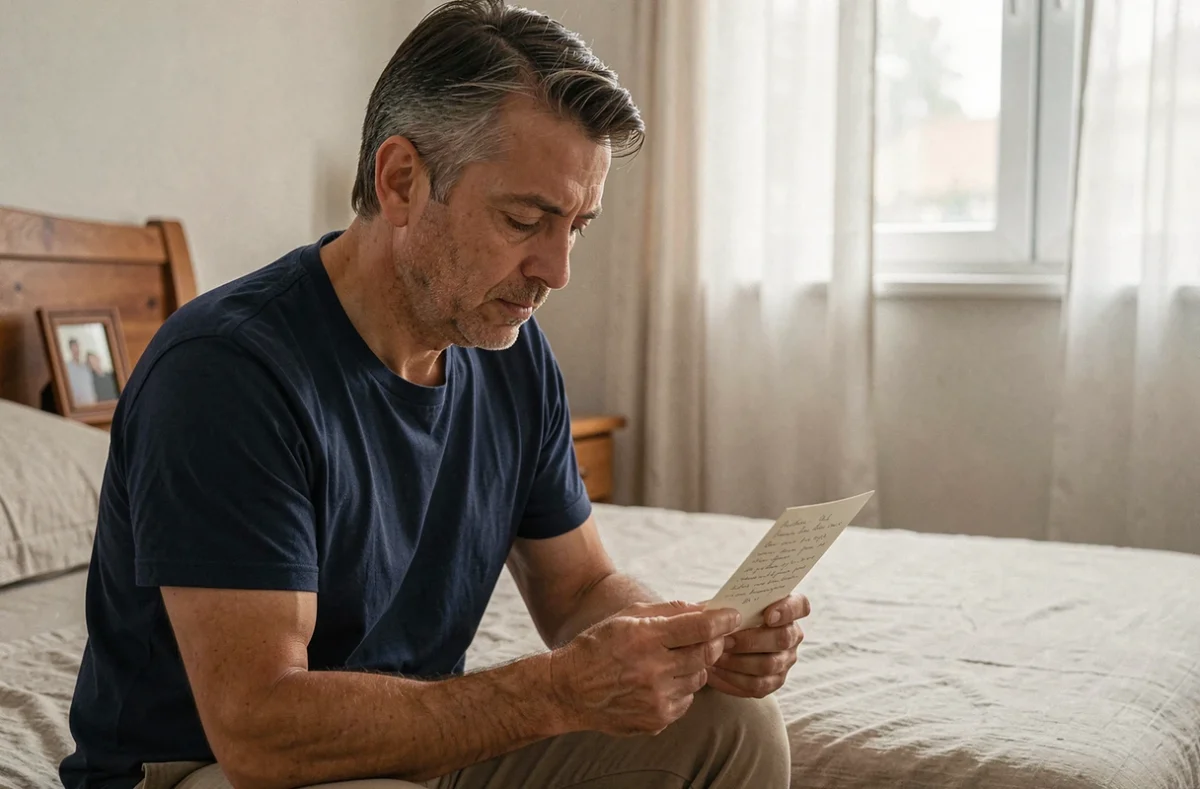 Un homme d'âge mûr lit une carte hommage à son grand-père décédé assis sur un lit dans une chambre calme et intime
