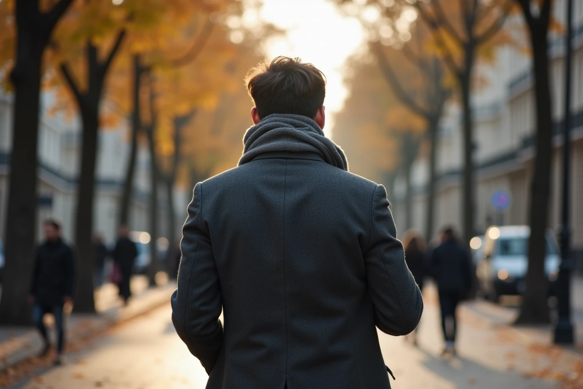 Homme mystérieux marchant dans une rue parisienne automnale