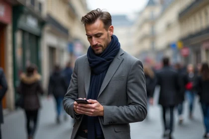 Homme en costume gris dans la rue parisienne contemplant son téléphone