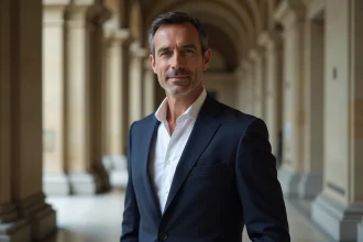 Portrait éditorial d'un homme politique français en costume marine dans un couloir institutionnel parisien