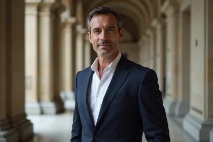 Portrait éditorial d'un homme politique français en costume marine dans un couloir institutionnel parisien
