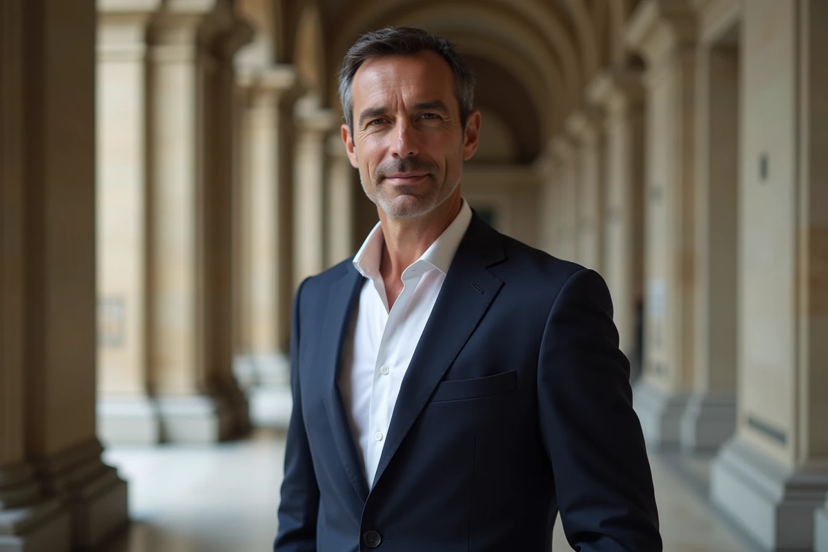 Portrait éditorial d'un homme politique français en costume marine dans un couloir institutionnel parisien