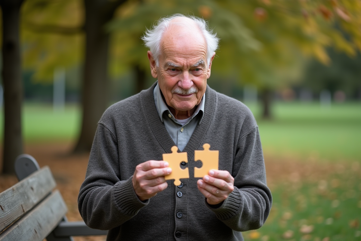 Homme âgé assemble un puzzle dans un parc verdoyant