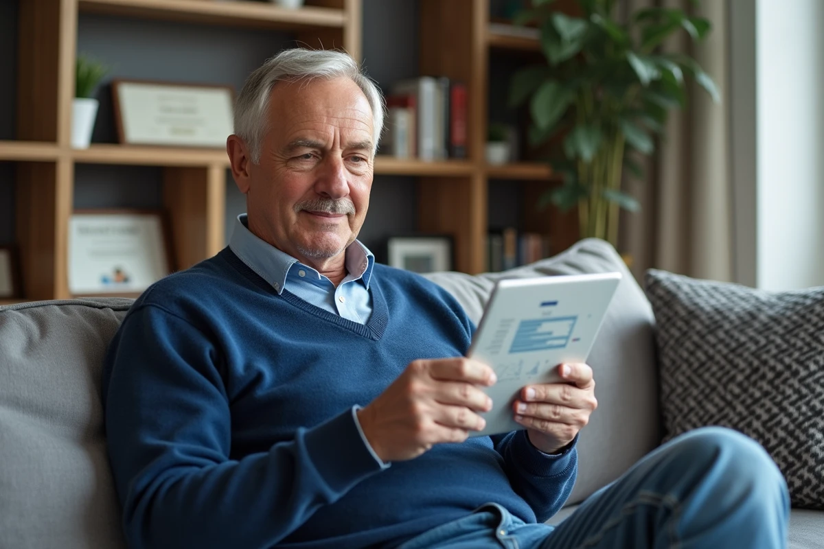Homme âgé utilisant une tablette dans un salon confortable à la maison