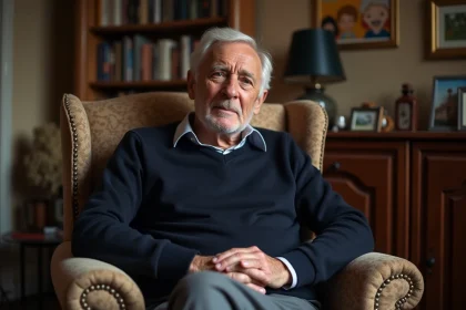 Homme âgé en fauteuil vintage dans un salon chaleureux