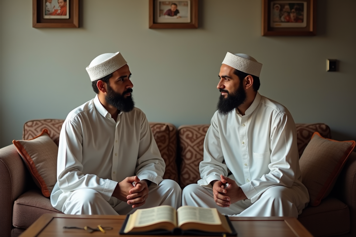 Deux hommes musulmans discutent dans un salon modeste